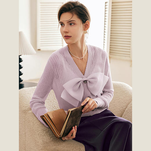 OLrain欧芮儿法式紫色针织开衫女秋季2023新款宽松蝴蝶结薄款上衣 商品图1