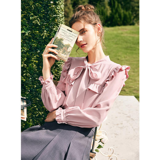 OLrain欧芮儿法式粉色蕾丝雪纺衫女秋季2023年新款荷叶边飘带衬衣 商品图2