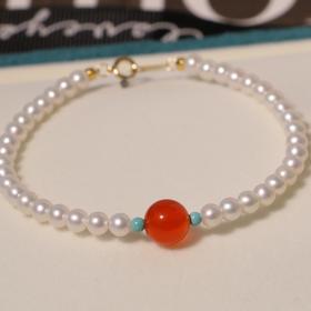 甄珠贝 南红珍珠手链 淡水4-5mm+8-9mm南红珠，点缀两颗绿松小珠