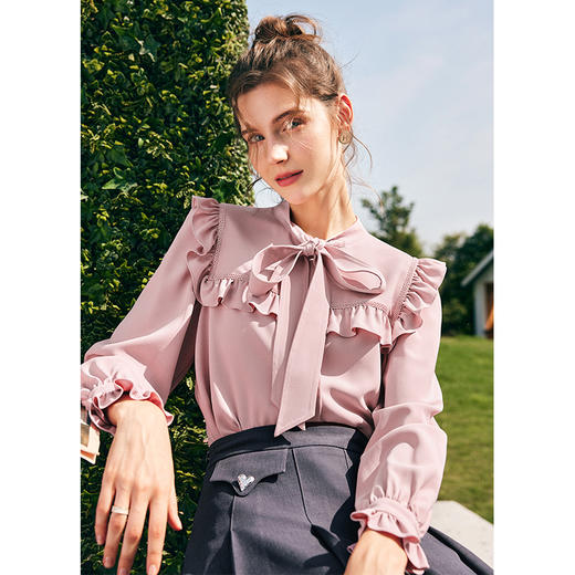 OLrain欧芮儿法式粉色蕾丝雪纺衫女秋季2023年新款荷叶边飘带衬衣 商品图0