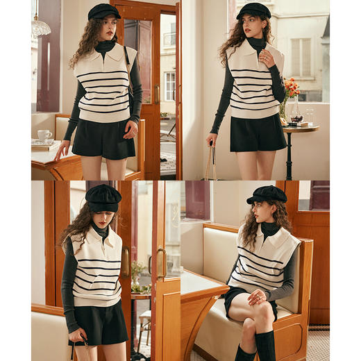 OLrain欧芮儿杏色毛衣马甲女秋冬2023年新款条纹翻领撞色针织背心 商品图0