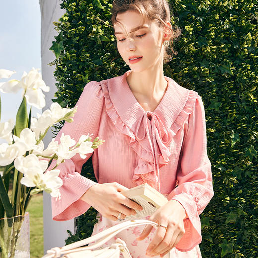 OLrain欧芮儿法式粉色蕾丝雪纺衫女秋季2023年新款宽松泡泡袖小衫 商品图3