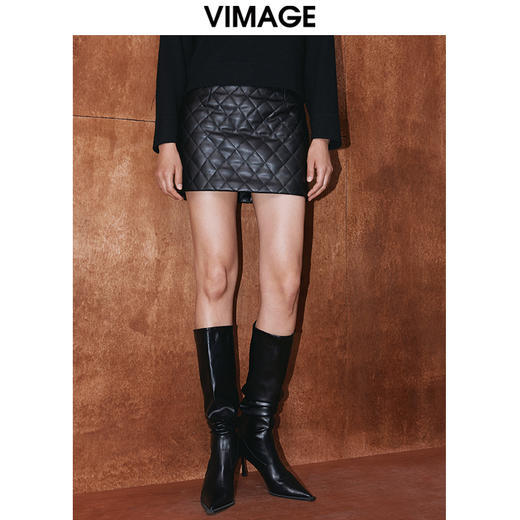 VIMAGE纬漫纪冬季新款高腰时尚包臀皮裙短裙半身裙V2006631 商品图0