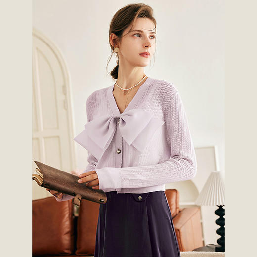 OLrain欧芮儿法式紫色针织开衫女秋季2023新款宽松蝴蝶结薄款上衣 商品图2
