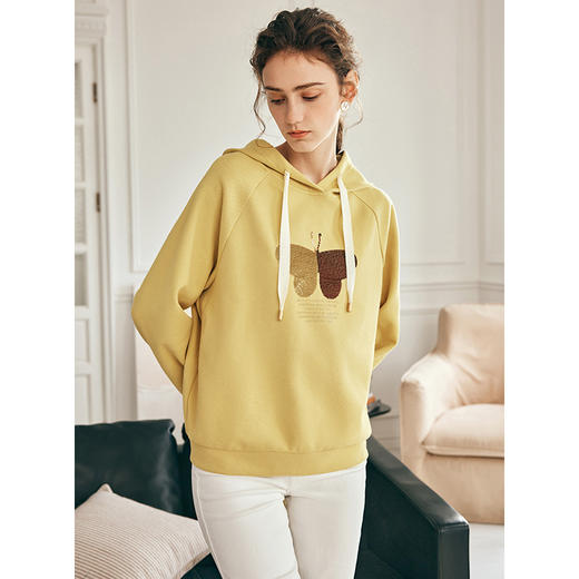 OLrain欧芮儿法式连帽卫衣女秋季2023新款宽松慵懒蝴蝶珠片绣上衣 商品图1