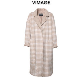 VIMAGE纬漫纪冬季时尚格纹翻领百搭修身毛呢大衣外套V1214822