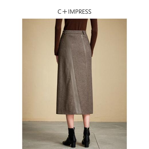 西嘉C+IMPRESS/西嘉美拉德风复古羊毛半身裙女秋冬拼接皮料开衩直筒裙BQ2304086 商品图3