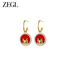 ZEGL设计师本命年龙系列鸿运萌龙耳环女红玛瑙圆牌耳钉银针耳饰品