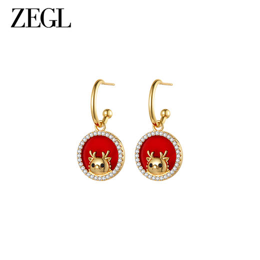 ZEGL设计师本命年龙系列鸿运萌龙耳环女红玛瑙圆牌耳钉银针耳饰品 商品图0