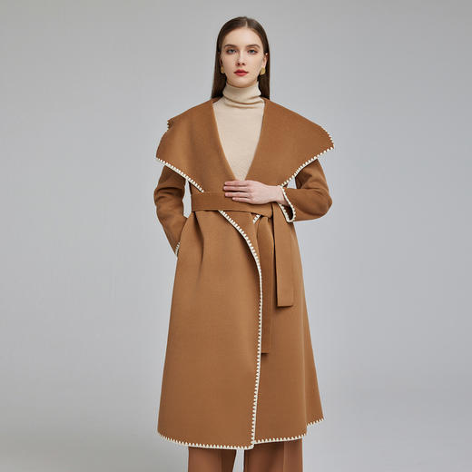 NH938斯尔丽2023冬季新款大翻领手工立体绣边撞色法式浪漫双面呢大衣 商品图0