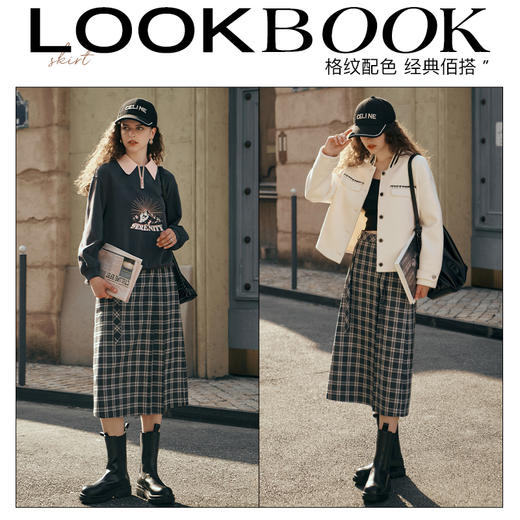 OLrain欧芮儿格子半身裙女秋季2023新款高腰美式复古压褶直筒裙子 商品图3