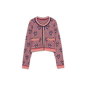 谜底短款针织开衫女2023冬新品小香风圆领复古提花毛衫234MZ1990