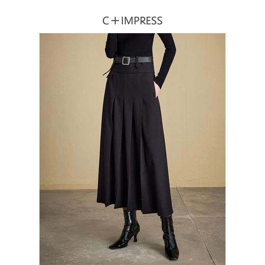 西嘉C+IMPRESS/西嘉知识分子分黑色半身裙女秋冬美丽诺羊毛高腰百褶裙BQ2304117 商品图1
