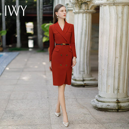 IWY/红色正式场合职业连衣裙高级感秋冬商务宴会礼服主持人正装年会西装裙Q1026 商品图2