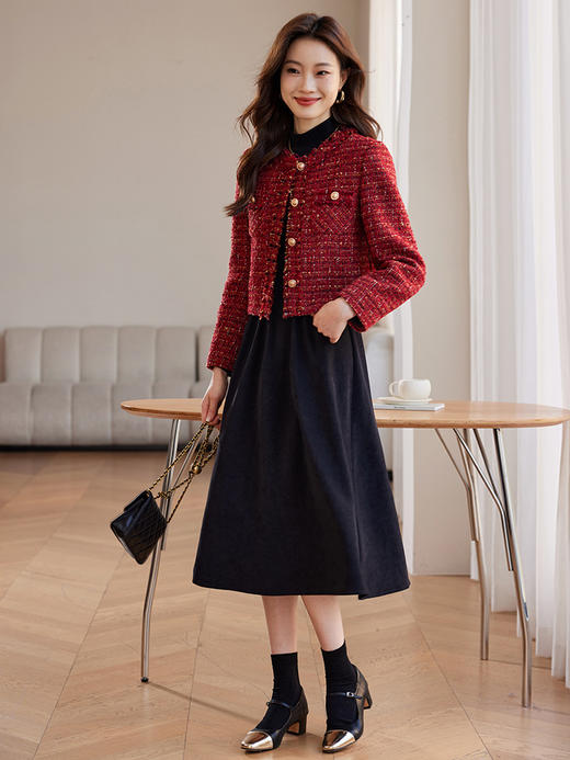 【年货节】熙世界2025过年小香风夹棉短款外套女秋冬法式气质名媛粗花呢红色上衣 商品图4