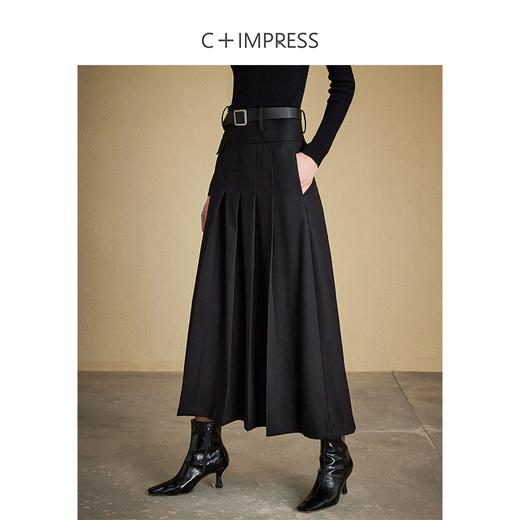 西嘉C+IMPRESS/西嘉知识分子分黑色半身裙女秋冬美丽诺羊毛高腰百褶裙BQ2304117 商品图0