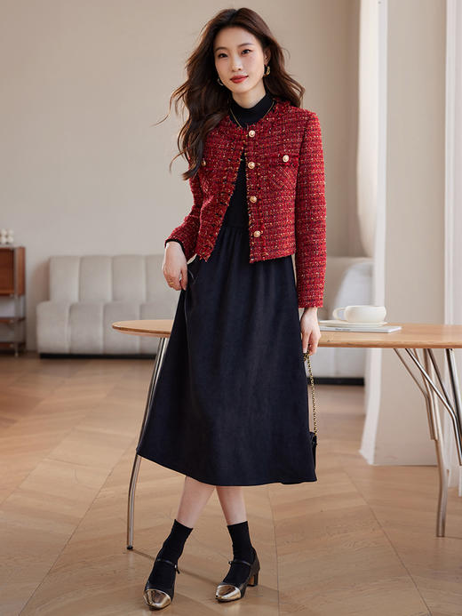 【年货节】熙世界2025过年小香风夹棉短款外套女秋冬法式气质名媛粗花呢红色上衣 商品图2