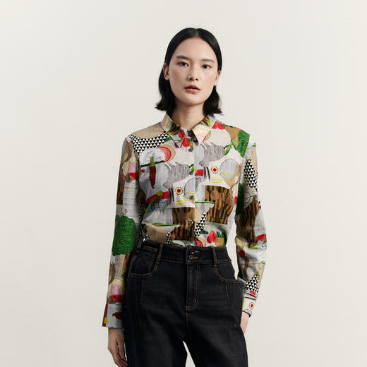 谜底原创花色衬衫长袖女2023冬季新品复古文艺宽松衬衣234MC1478 商品图0