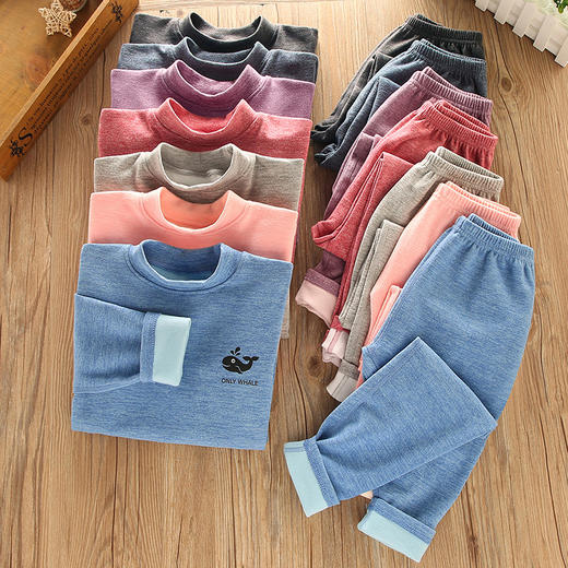 【双面磨毛，保暖更舒适！】打底内穿保暖，秋冬新款儿童中领羊绒套装，睡衣睡裤纯色圆领家居服秋衣秋裤套装lm 商品图2