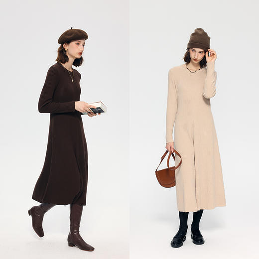 HeyDress法式针织连衣裙女秋冬圆领宽松显瘦坑条设计气质毛衣裙子 商品图1