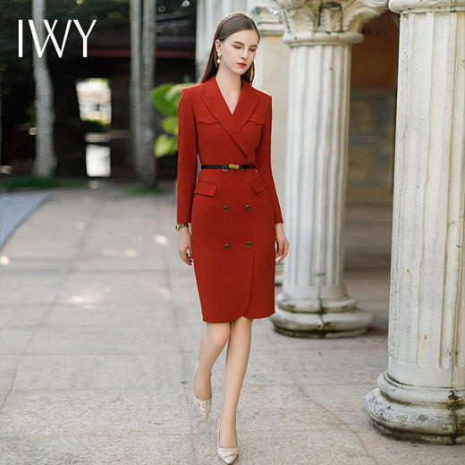 IWY/红色正式场合职业连衣裙高级感秋冬商务宴会礼服主持人正装年会西装裙Q1026 商品图1