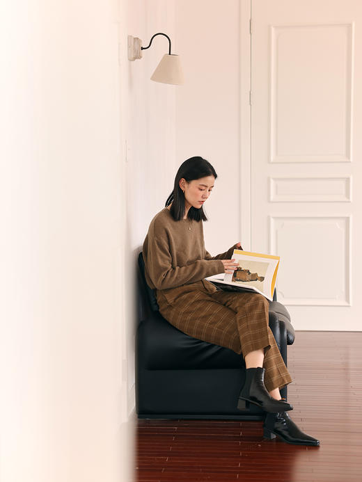 HeyDress复古毛呢阔腿裤女秋冬法式格纹设计直筒裤英伦风九分裤子 商品图4