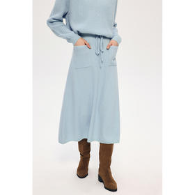 HeyDress蓝色针织半身裙女秋冬高腰抽绳直筒气质a字宽松羊毛半裙