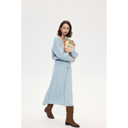 HeyDress蓝色针织半身裙女秋冬高腰抽绳直筒气质a字宽松羊毛半裙 商品图1