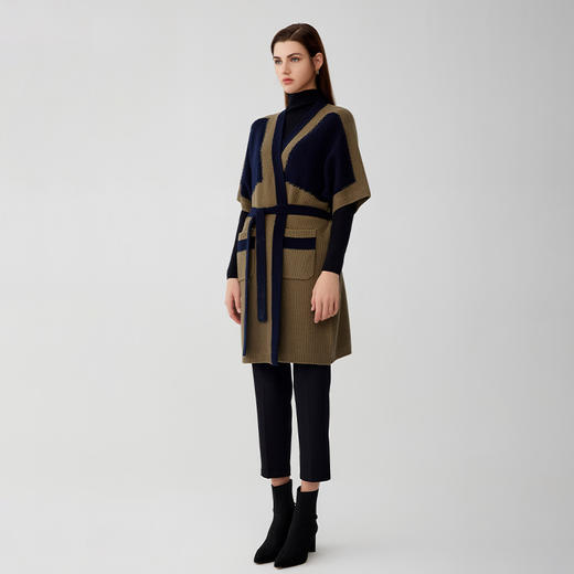 【拼接撞色中长款羊绒开衫外套】羊绒世家秋冬新品女士100%山羊绒V领撞色系带保暖外套 商品图2