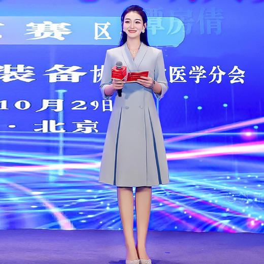 IWY/蓝色演讲比赛服装女七分袖端庄大气艺考主持人正装西装连衣裙Q963-L 商品图0