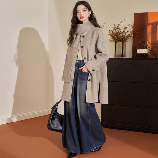 西遇韩版羊毛毛呢大衣女秋冬新款设计感单排扣赫本风宽松外套D0038378 商品图1