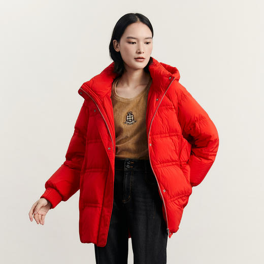 谜底大红色羽绒服女2023冬款简约宽松连帽O型面包服保暖234MY1456 商品图0