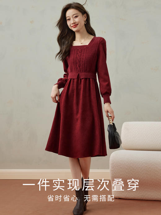 【五折购】熙世界方领针织拼接假两件红色连衣裙女收腰显瘦长裙子2025秋冬款 商品图2