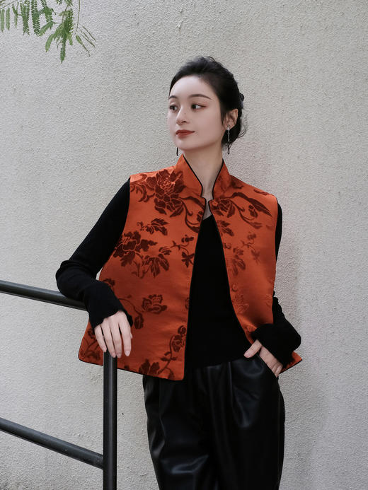 下架|盛唐牡丹 |柿子红真丝漳绒对襟马甲 商品图5