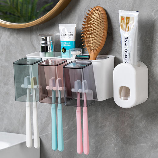 「送挤牙膏器！壁挂式」牙刷置物挤牙膏免打孔牙刷架套装刷牙杯收纳整理置物架套装 商品图0