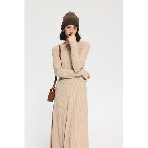 HeyDress法式针织连衣裙女秋冬圆领宽松显瘦坑条设计气质毛衣裙子 商品图0