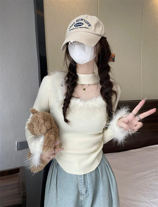 <曾小咸推荐>水貂毛拼接挂脖法式小衫 商品图4