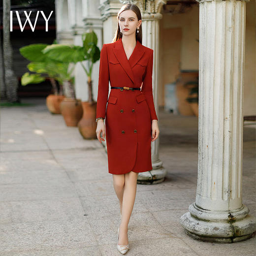 IWY/红色正式场合职业连衣裙高级感秋冬商务宴会礼服主持人正装年会西装裙Q1026 商品图0