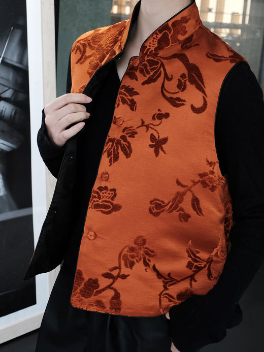 下架|盛唐牡丹 |柿子红真丝漳绒对襟马甲 商品图6