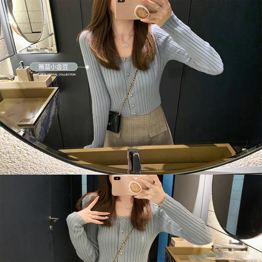 金蘑菇菇 小金豆 锁骨内搭组 / 质感细腻锁骨针织 修身方领毛衣 商品图5