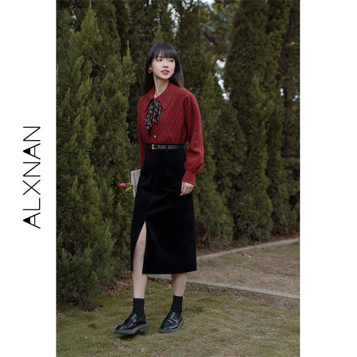 鹿向南《梦境星湖》灯芯绒半身裙女秋2022年新款中长开叉款a字裙LXN15562 商品图2