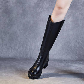 真皮长筒靴女新款秋冬季，加绒增高粗跟不过膝V口厚底骑士靴子ZM233558
