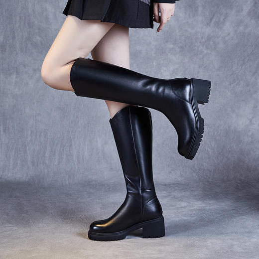 真皮长筒靴女新款秋冬季，加绒增高粗跟不过膝V口厚底骑士靴子ZM233558 商品图1