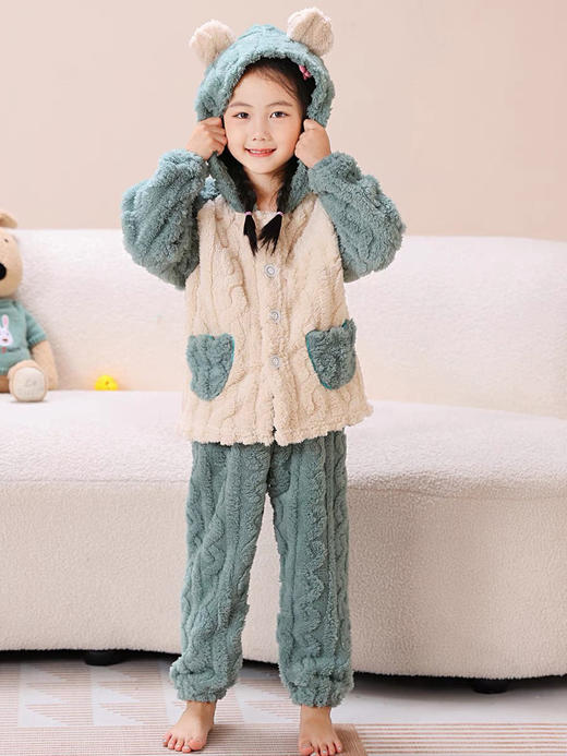 🔥【49.9带走A类法兰绒家居服】儿童法兰绒连帽睡衣秋冬新款提花加厚长袖长裤男女童家居服套装 商品图0