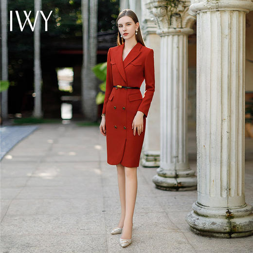 IWY/红色正式场合职业连衣裙高级感秋冬商务宴会礼服主持人正装年会西装裙Q1026 商品图4