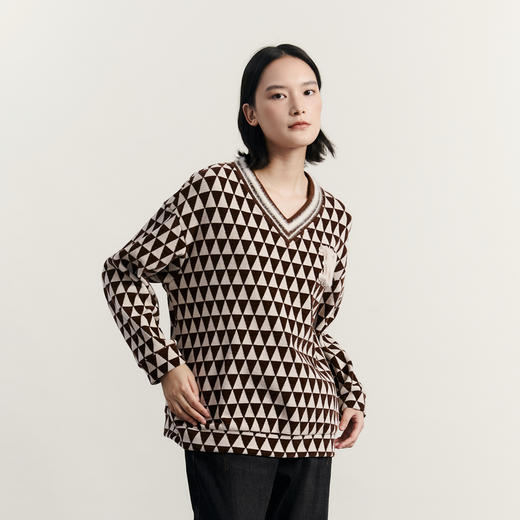 谜底V领套头卫衣女2023冬季新品复古学院风宽松绣花上衣234MV1546 商品图1