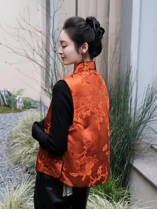 下架|盛唐牡丹 |柿子红真丝漳绒对襟马甲 商品图2