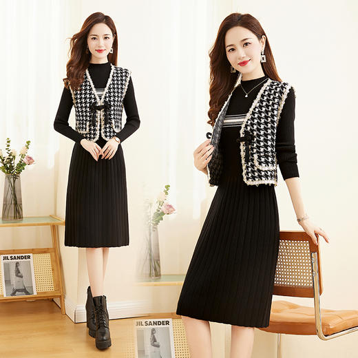 秋冬新款，新中式洋气小香风千鸟格马甲两件套连衣裙HR-YBER338 商品图2