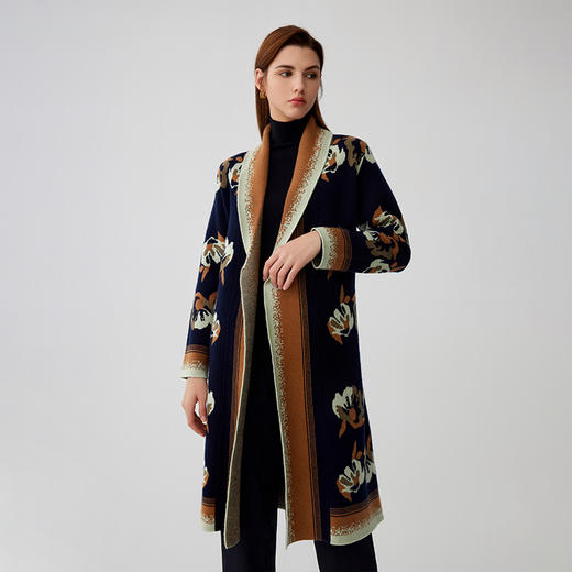 【系带中长款提花针织外套】羊绒世家秋冬新品女士100%山羊绒高织保暖针织外套 商品图1