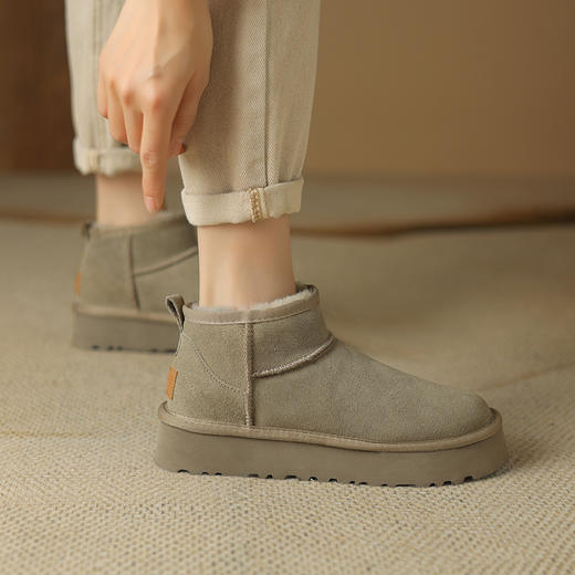 阿么手工女鞋真皮及踝雪地靴冬季保暖加绒2024新款一脚蹬厚底4CM 商品图0